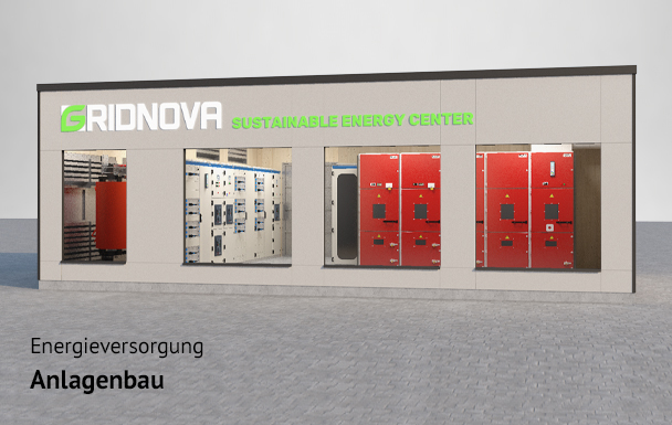 3D Rendering eines "Gridnova Sustainable Energy Center" mit Trafo, einer Kautz Niederspannungsschaltanlage und einer Mittelspannungsschaltanlage mit Bildbeschriftung: Energieversorgung, Anlagenbau